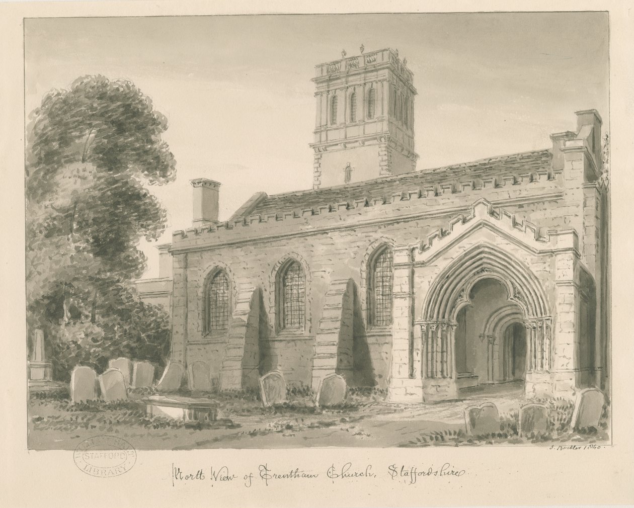 Trentham Church: sepiatvättteckning, 1840 av John Buckler
