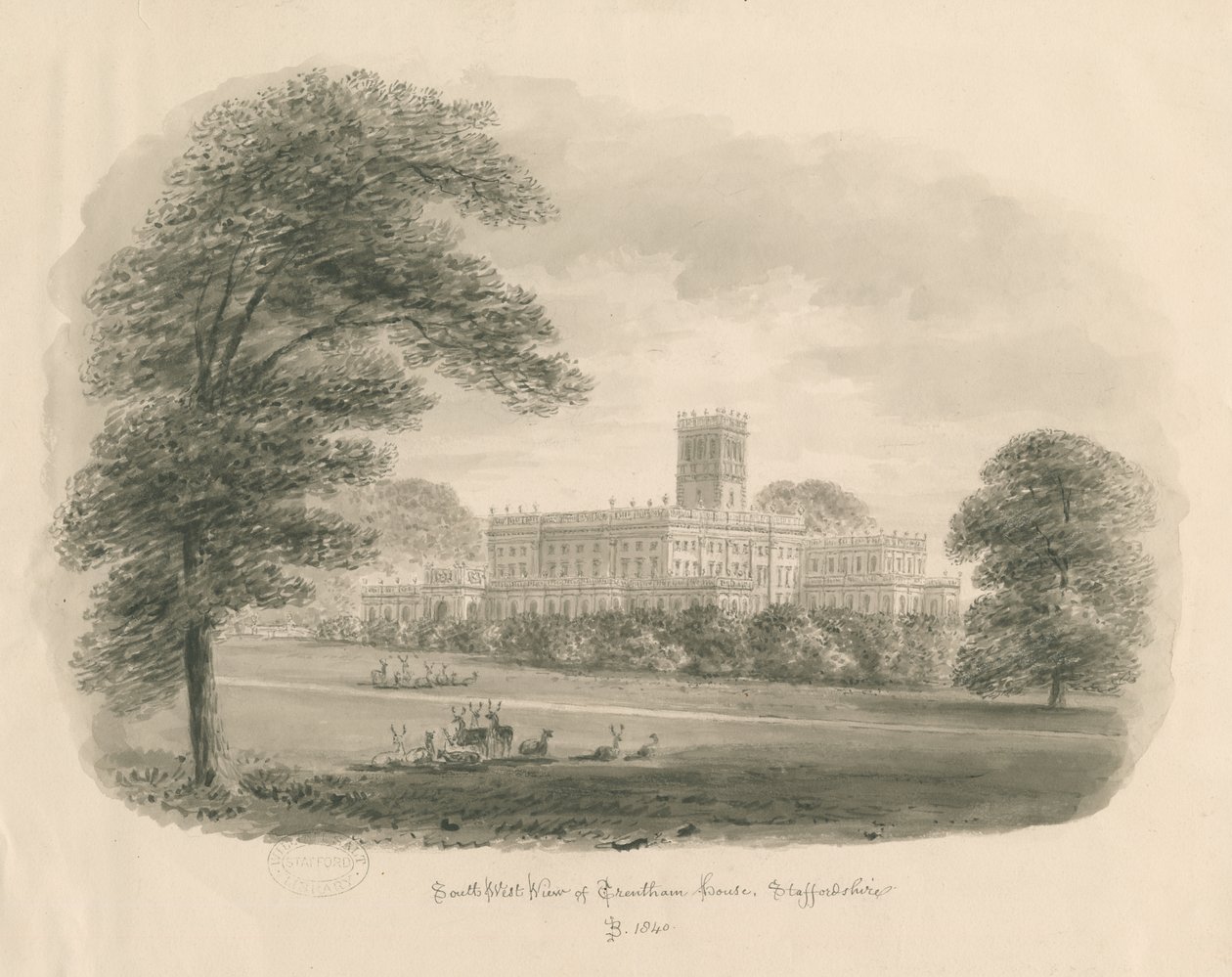 Trentham Hall: sepiateckning, 1840 av John Buckler