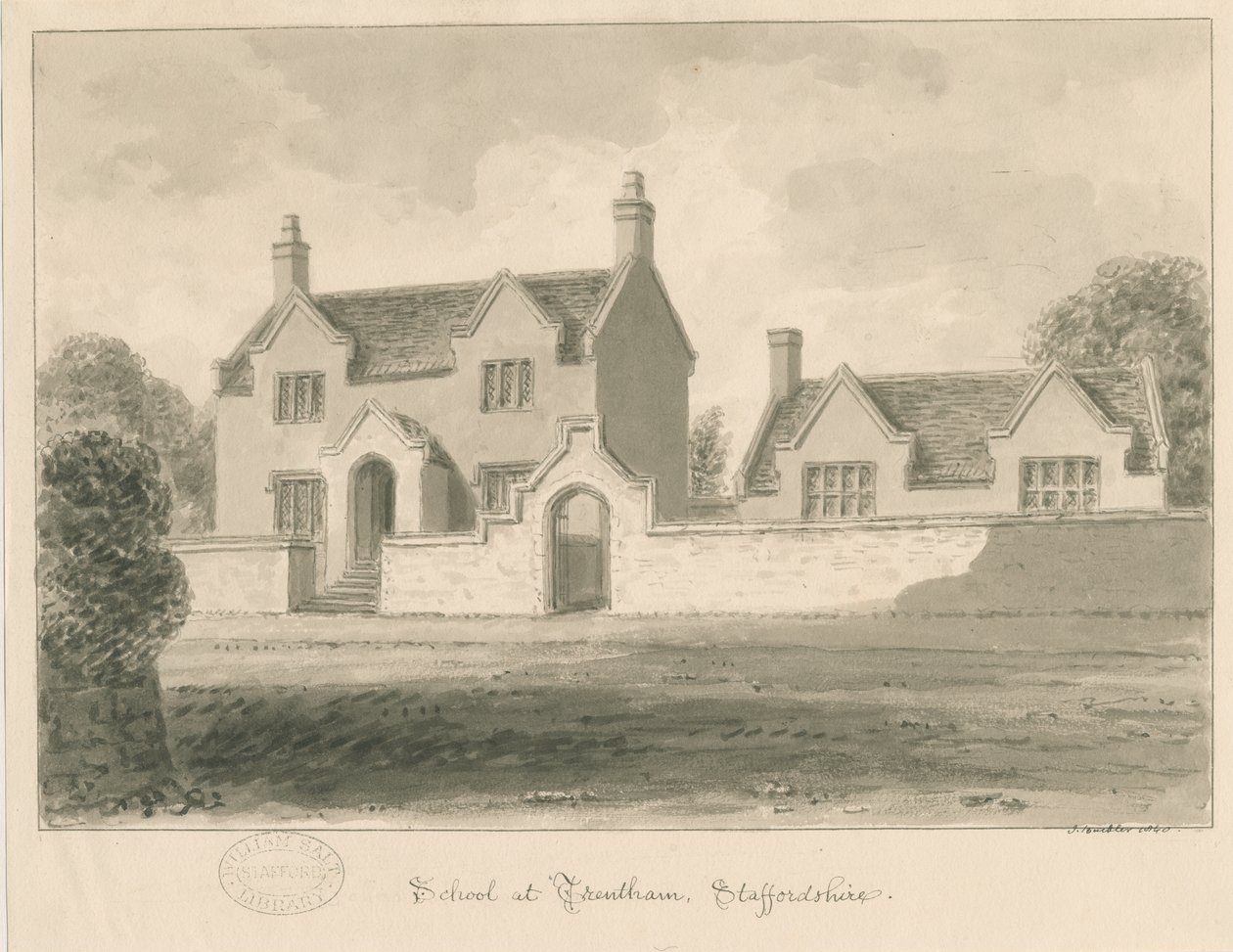 Trentham School: sepiatvättteckning, 1840 av John Buckler