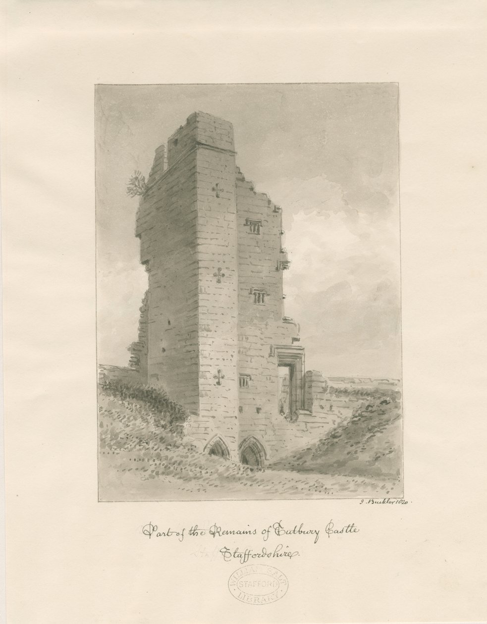 Tutbury Castle: sepiatvättteckning av John Buckler