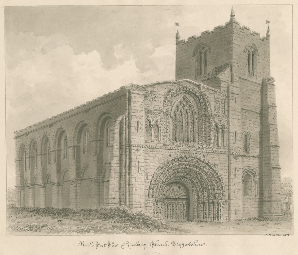 Tutbury Priory Church: sepiateckning av John Buckler