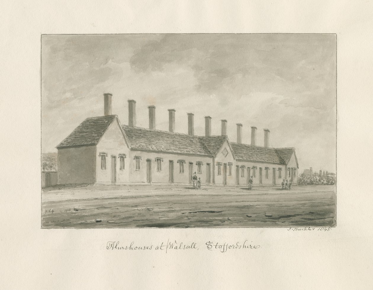 Walsall - Almshouses: sepiatvättteckning av John Buckler