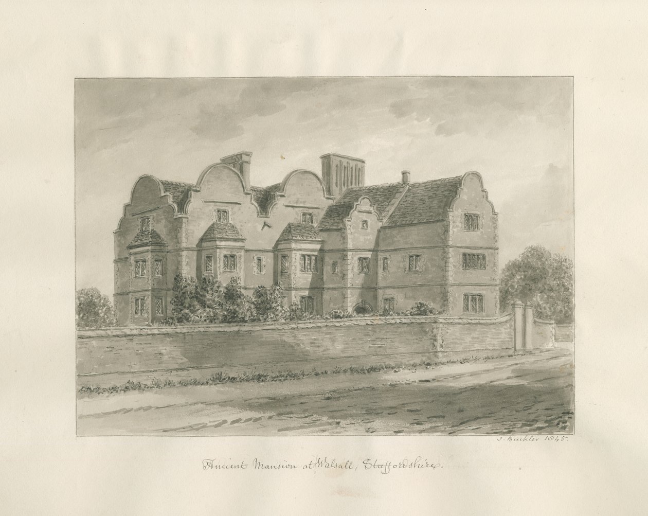 Walsall - "Ancient Mansion": sepiatvättteckning av John Buckler
