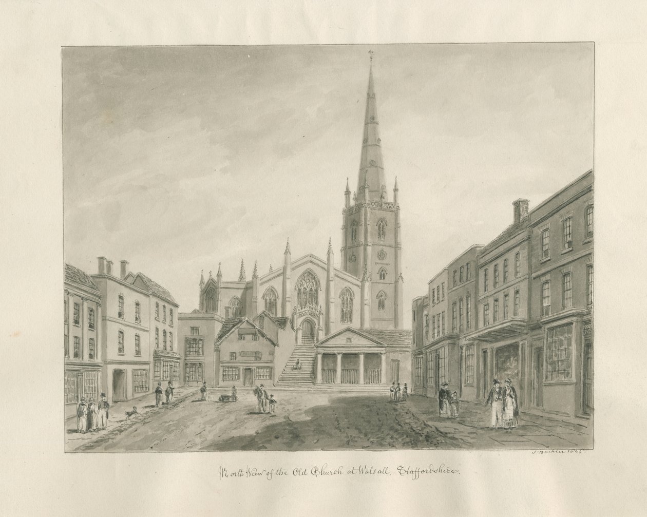 Walsall Town and Church: sepiatvättteckning av John Buckler