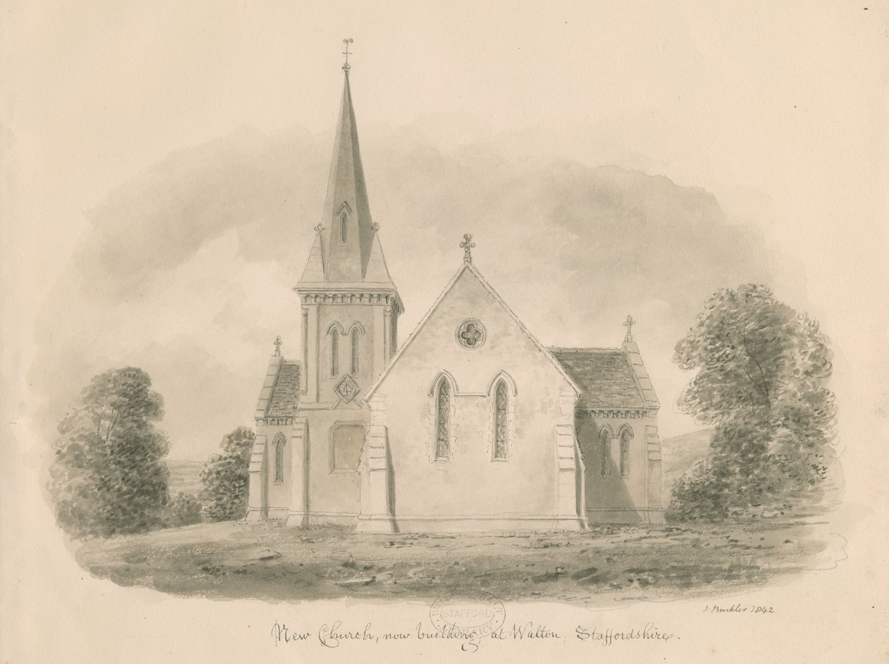 Walton-on-the-Hill Church: sepiateckning, 1842 av John Buckler