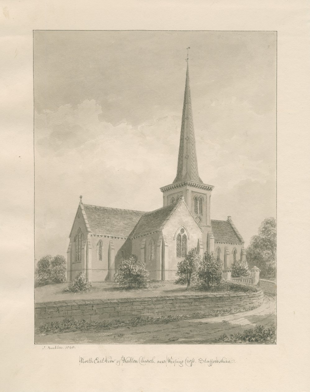 Walton-on-the-Hill Church: sepiatvättteckning av John Buckler