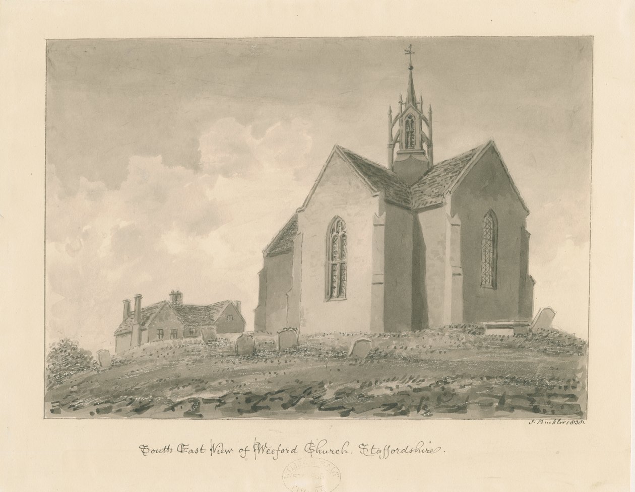 Weeford Church: sepiatvättteckning av John Buckler
