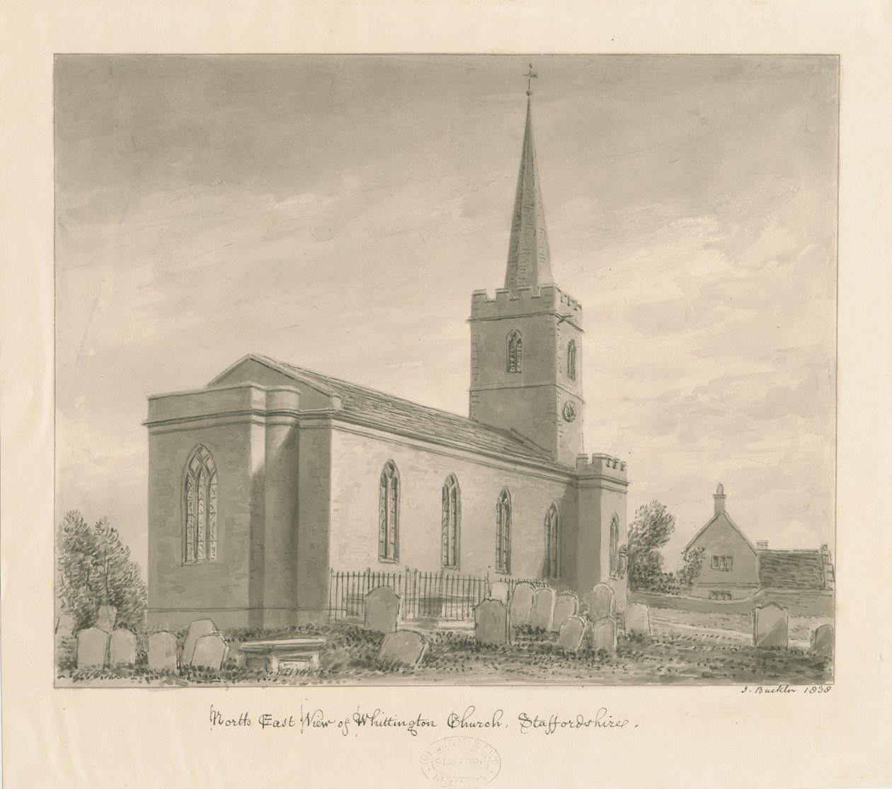 Whittington Church: sepiatvättteckning av John Buckler