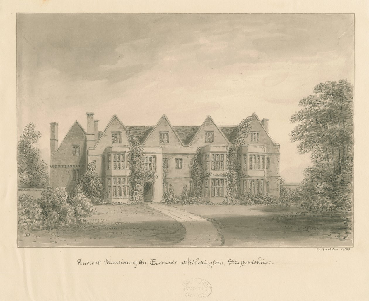 Whittington Hall: sepiateckning, 1838 av John Buckler