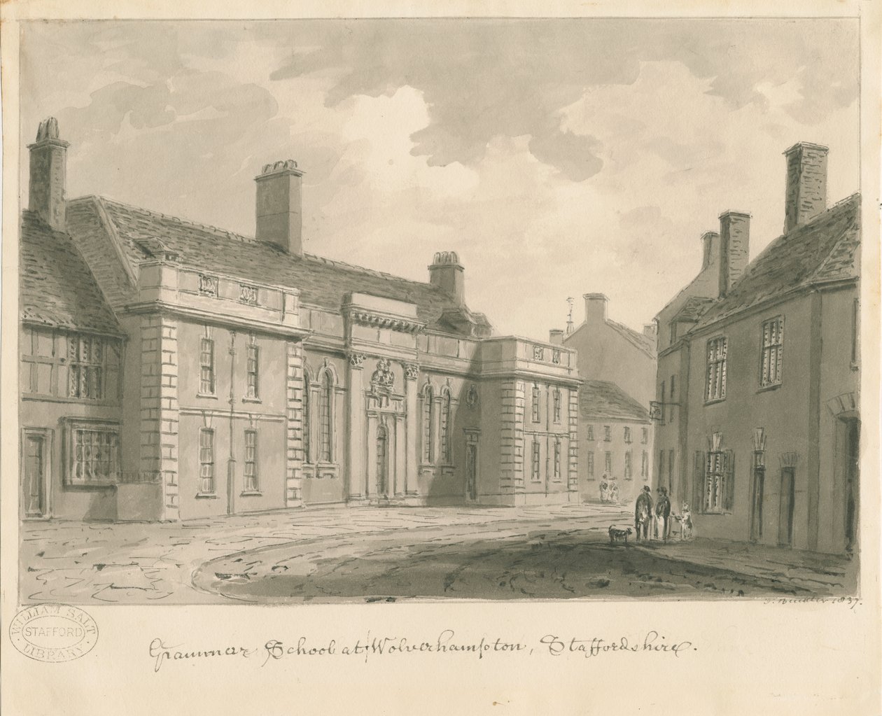 Wolverhampton - Grammar School: sepiateckning, 1837 av John Buckler