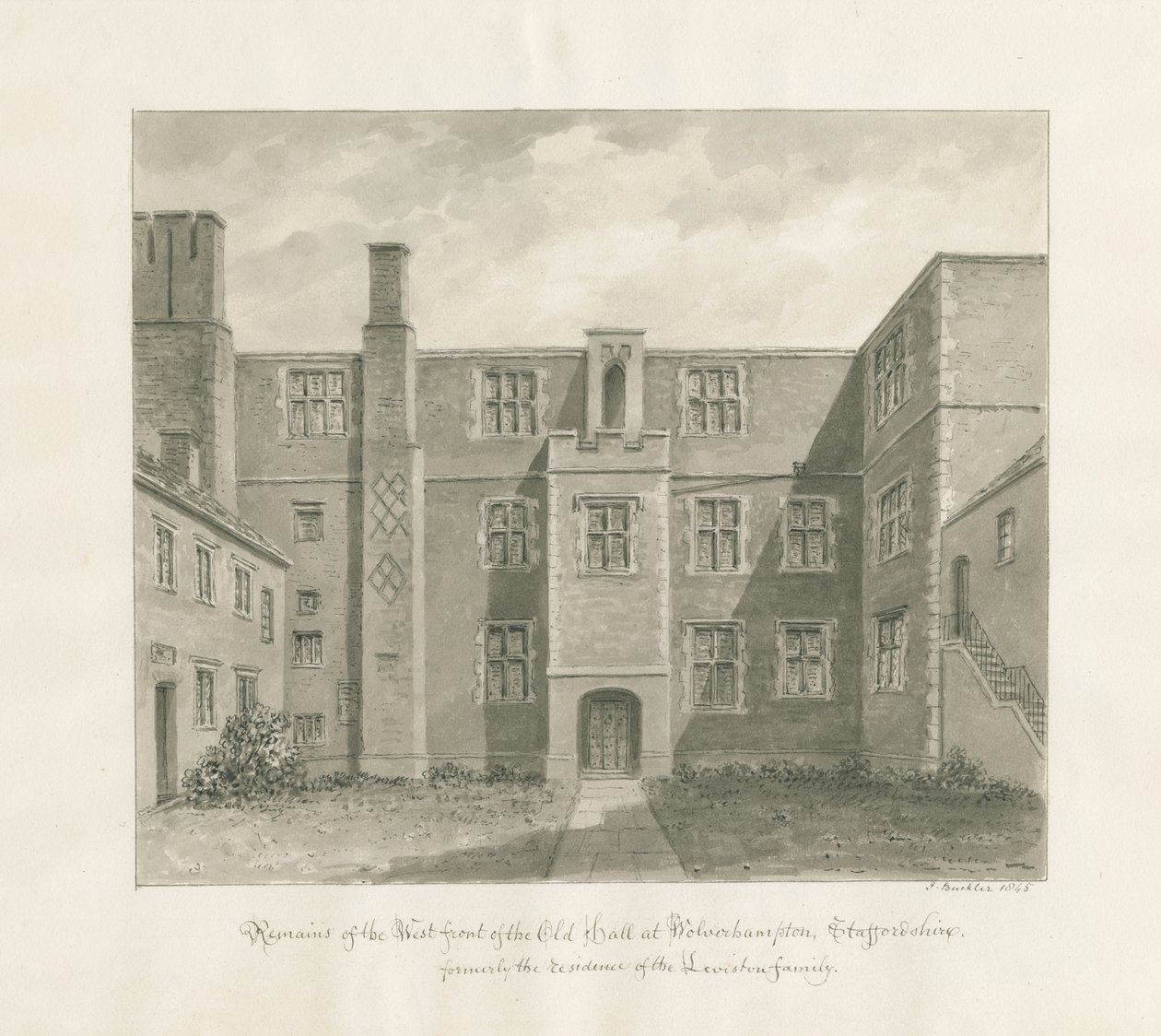 Wolverhampton - The Old Hall: sepiateckning av John Buckler