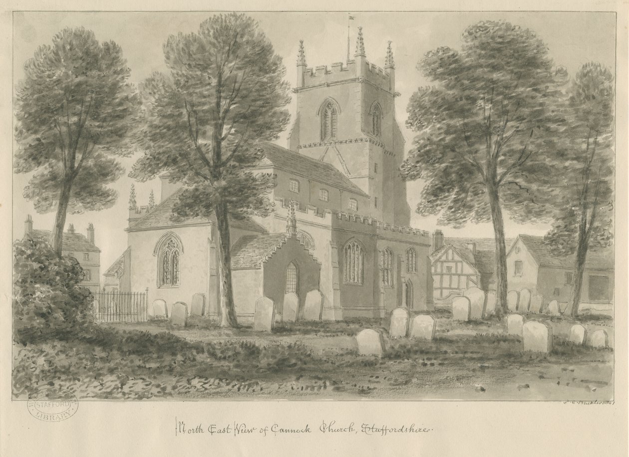 Cannock Church: sepiateckning av John Chessell Buckler