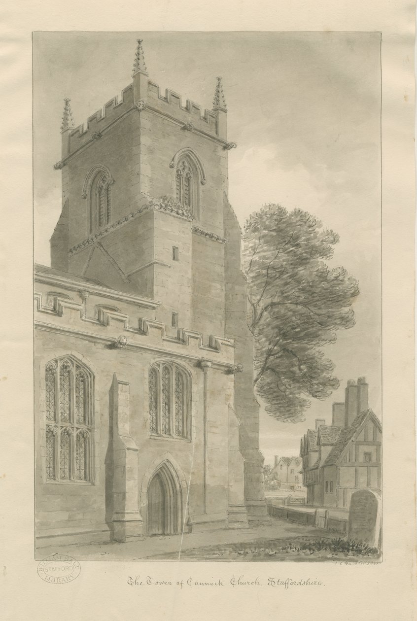 Cannock Church: sepiateckning av John Chessell Buckler