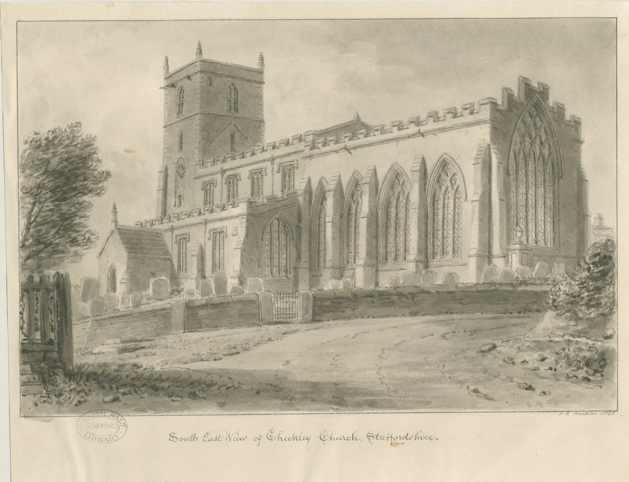 Checkley Church: sepiateckning av John Chessell Buckler