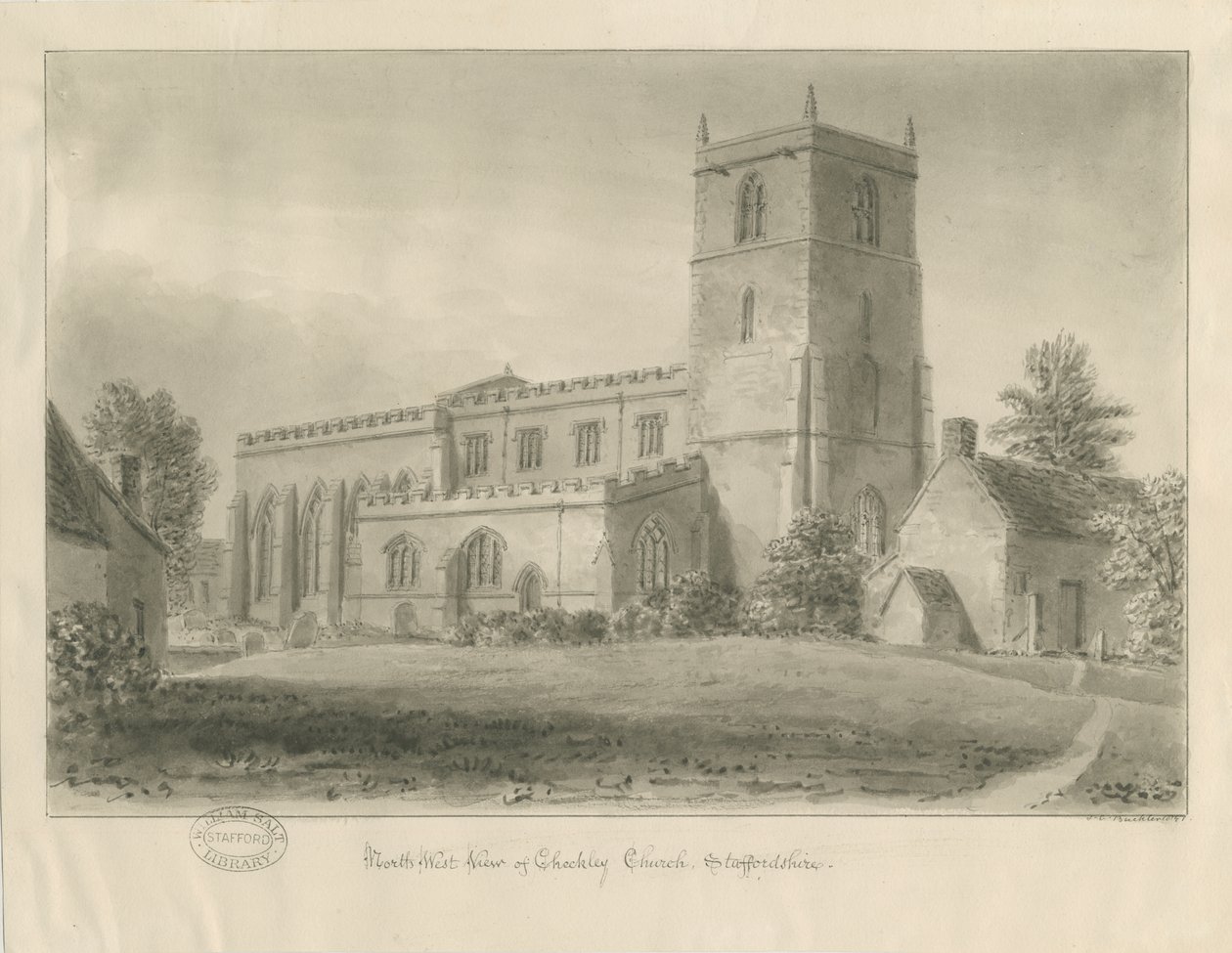 Checkley Church: sepiateckning av John Chessell Buckler
