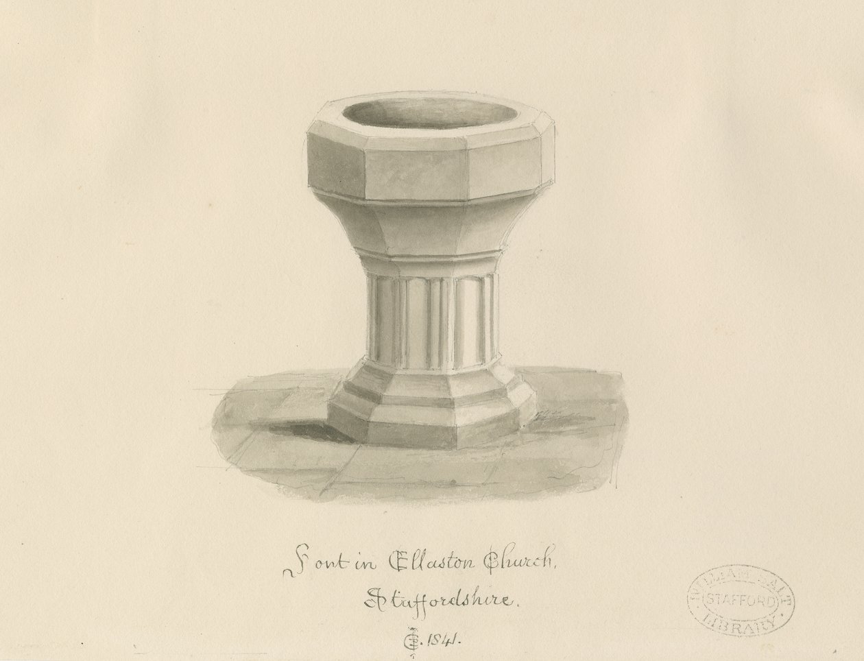 Typsnitt i Ellastone Church: sepiateckning av John Chessell Buckler
