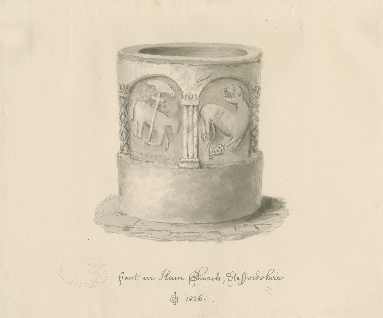 Font i Hams kyrka, 1826 av John Chessell Buckler