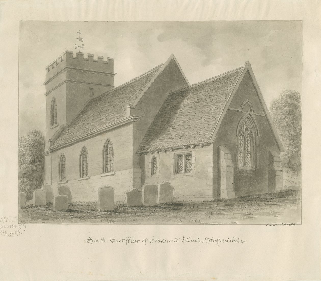 Fradswell Church: sepiateckning av John Chessell Buckler