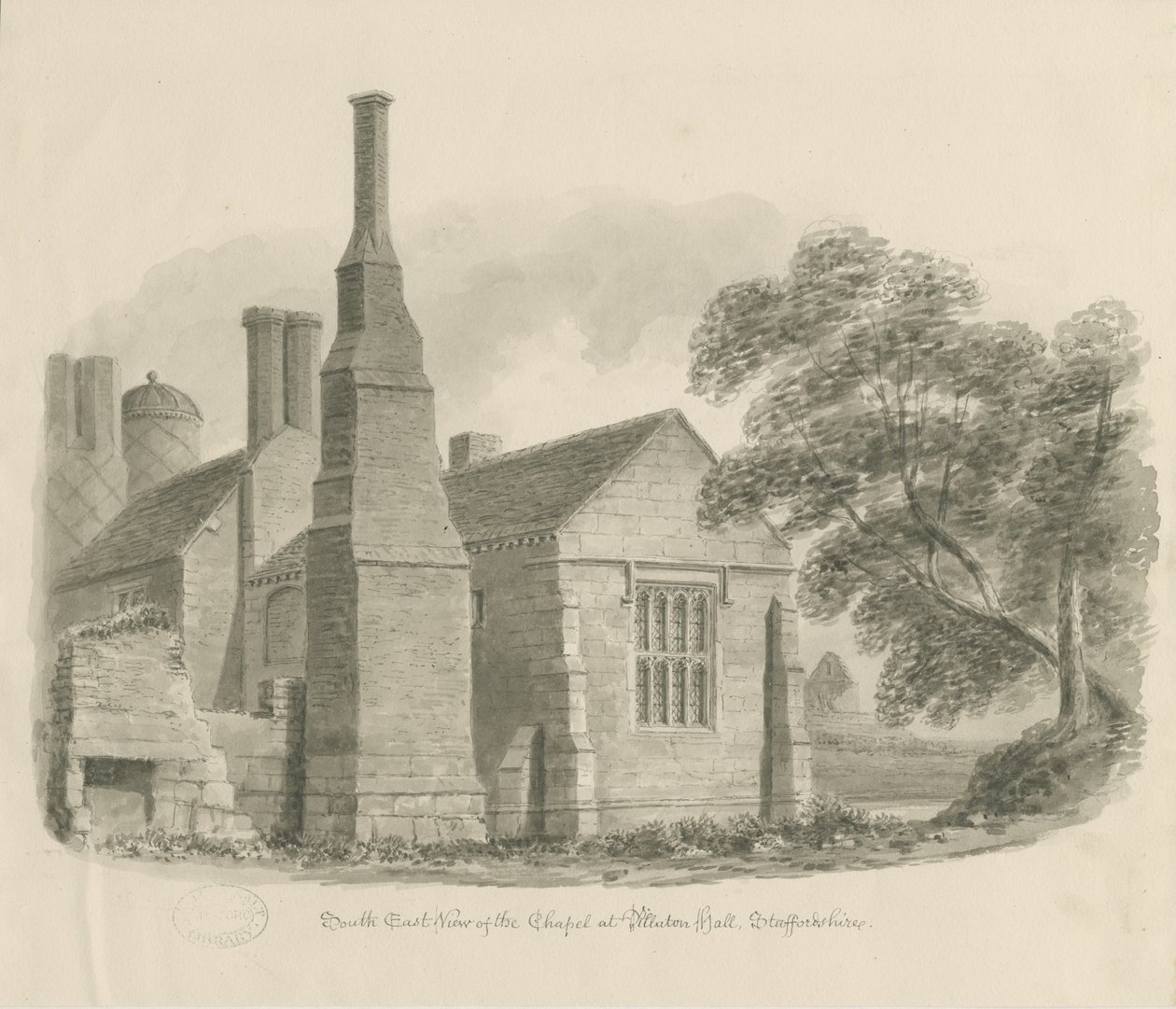 Pillaton Hall - Kapell: sepiateckning av John Chessell Buckler