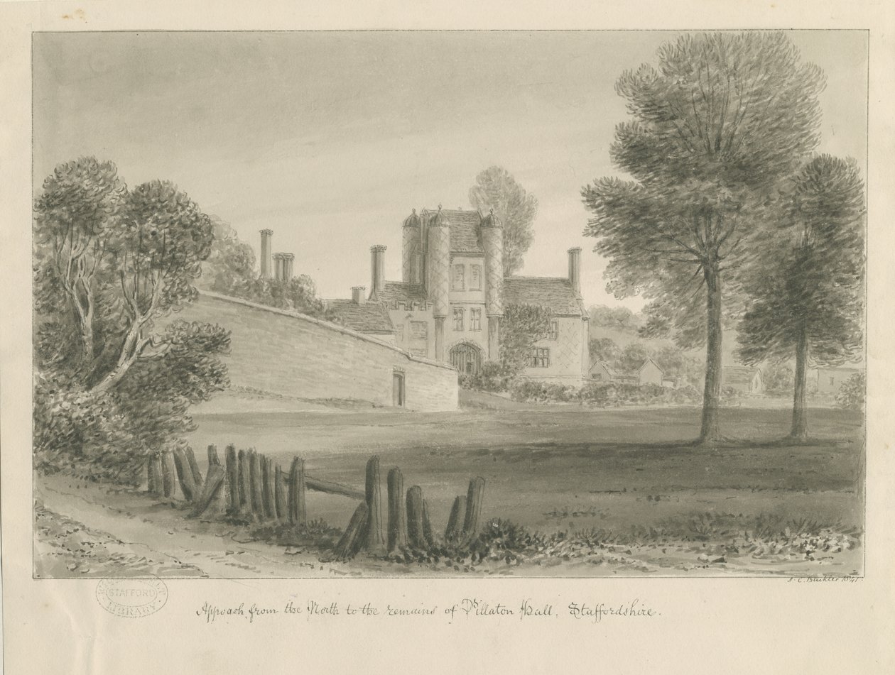 Pillaton Hall: sepiateckning av John Chessell Buckler