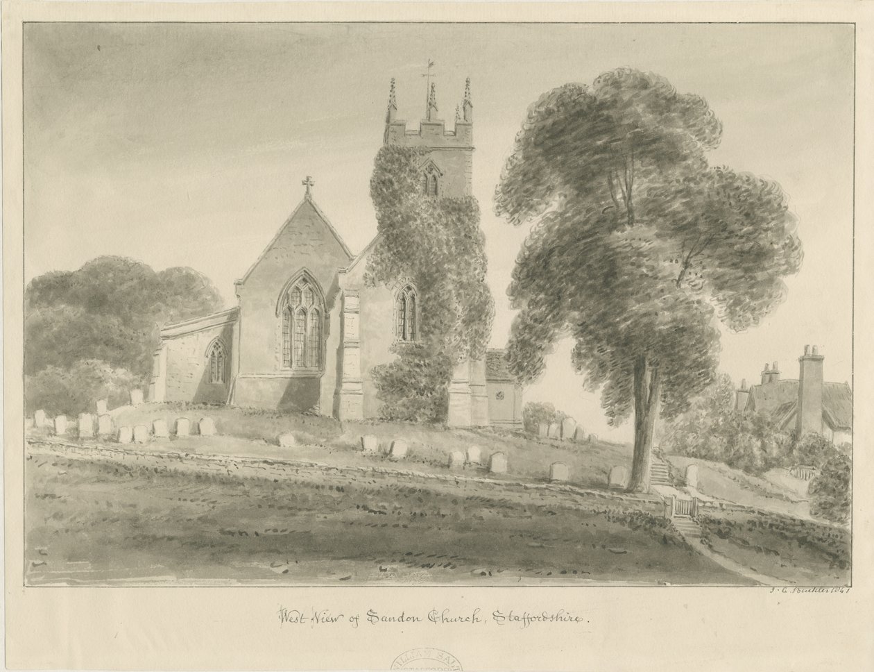 Sandon Church: sepiateckning av John Chessell Buckler
