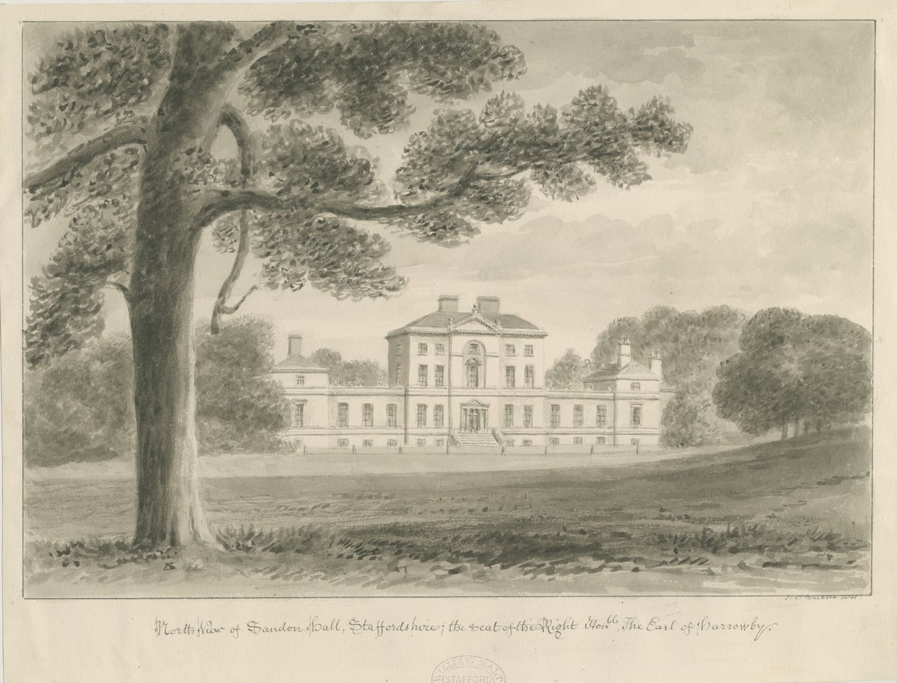 Sandon Hall: sepiatvättteckning av John Chessell Buckler