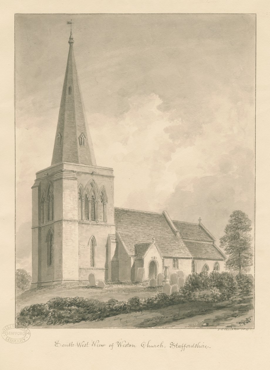 Weston-on-Trent Church: sepiateckning av John Chessell Buckler