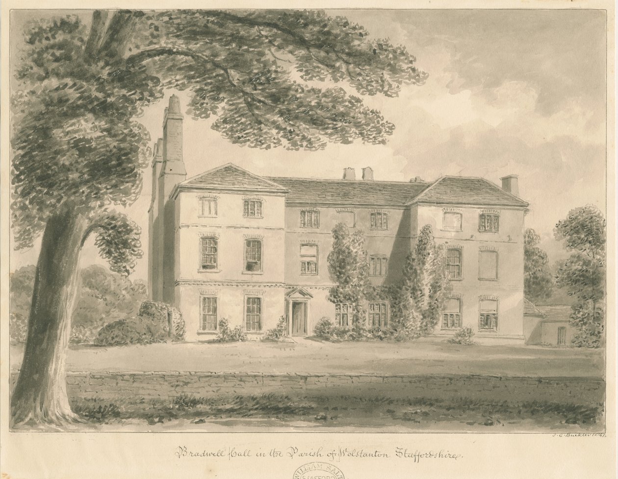 Wolstanton - Bradwell Hall: sepiateckning av John Chessell Buckler