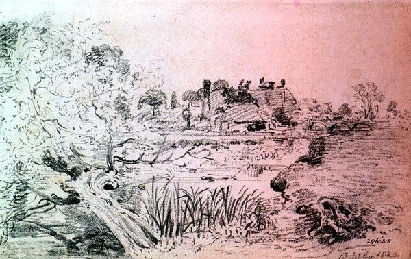 Gårdsbyggnader och bro nära Salisbury (penna) av John Constable