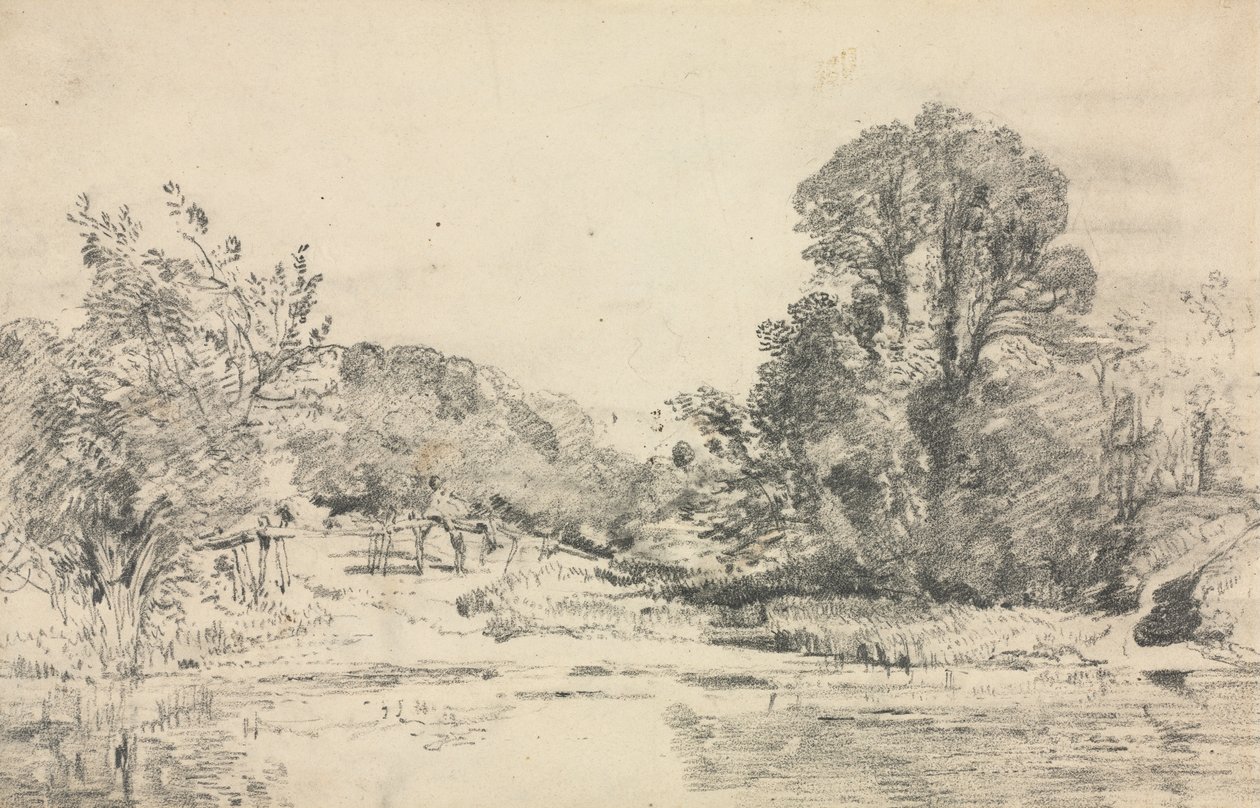 Landskap med träd som omger en damm. av John Constable