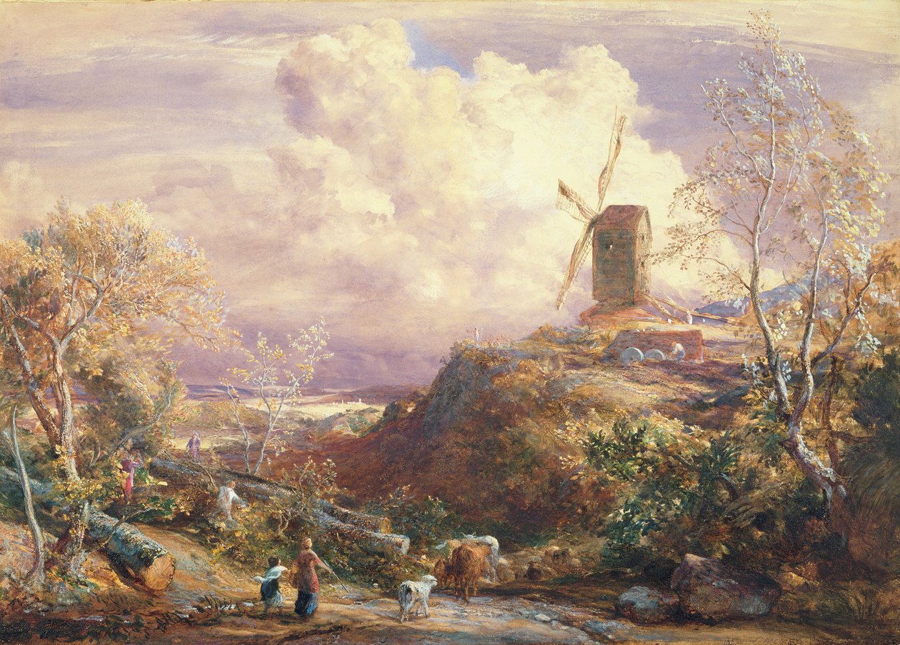 Väderkvarn på en kulle med boskapsskötare av John Constable