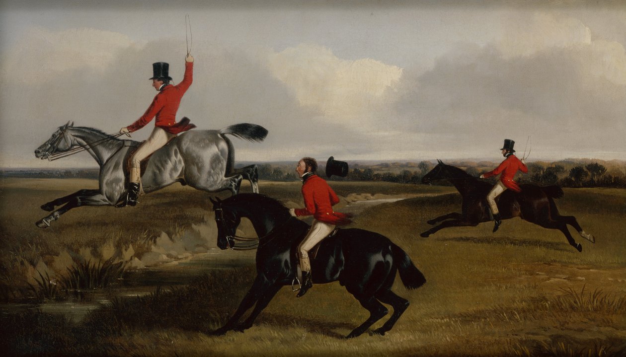 Tre jägare som tar en bäck (olja) av John Dalby