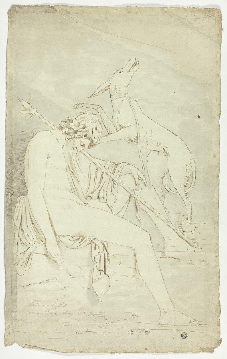 Forntida basrelief av sovande jägare och hund av John Downman