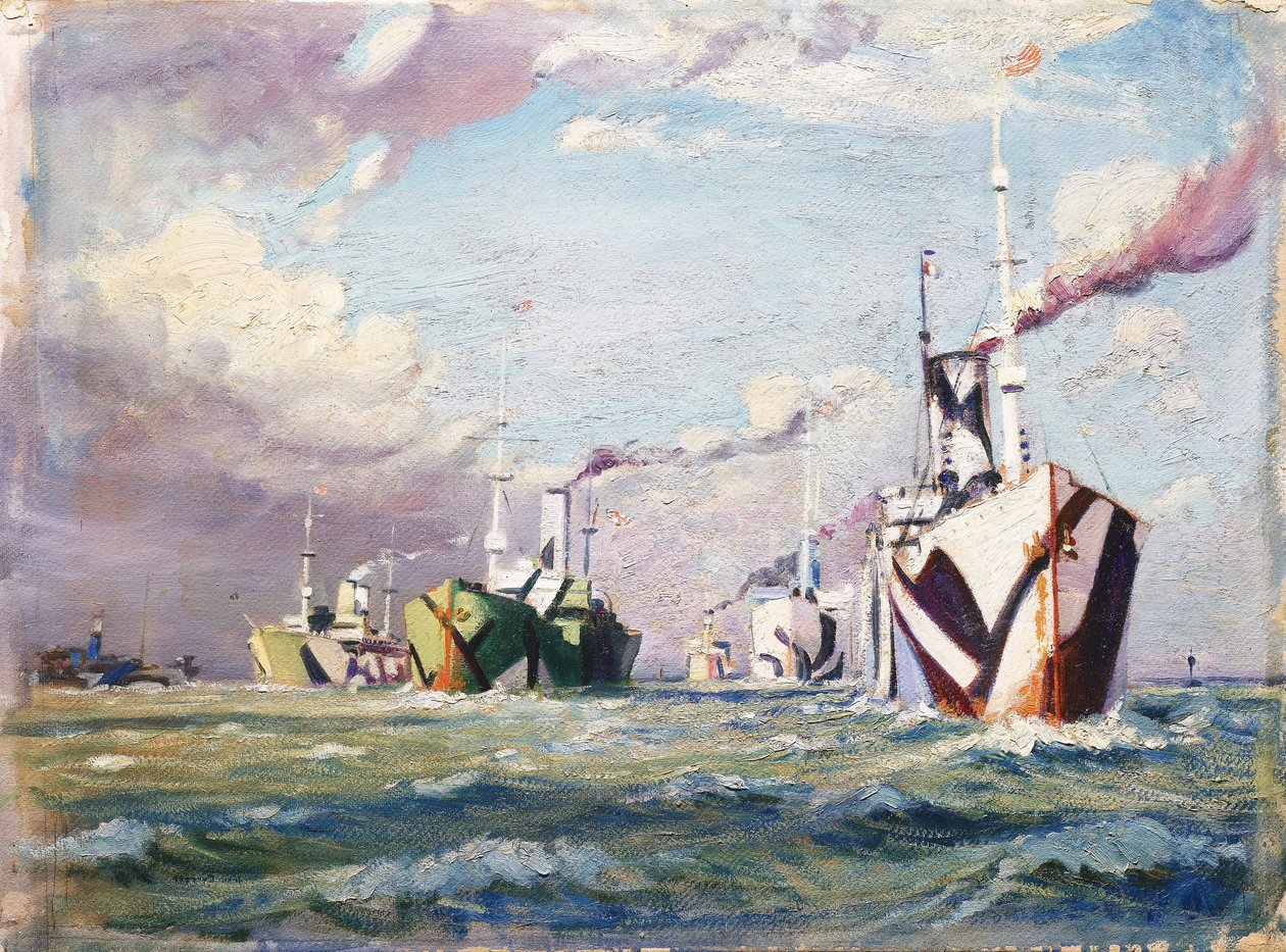 En Cunarder (ångfartyg), ca 1918 (olja på kartong) av John Everett