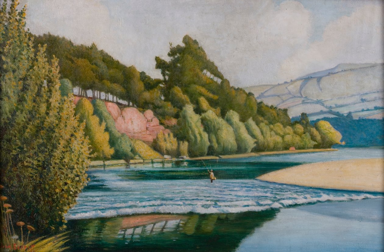 Flodscen med fiskare (olja på duk) av John Everett
