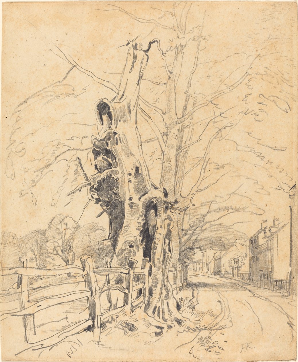 Träd vid ett järnvägsstaket av John Frederick Kensett