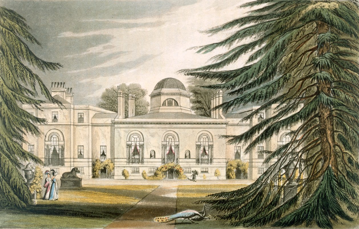 Trädgårdsfronten till Chiswick House (färggravyr) av John Gendall