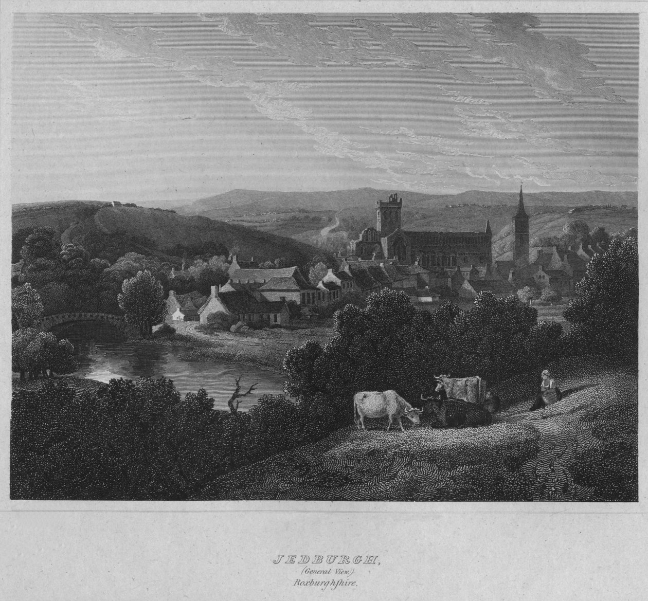 Jedburgh, allmän syn. Roxburghshire, 1814 av John Greig