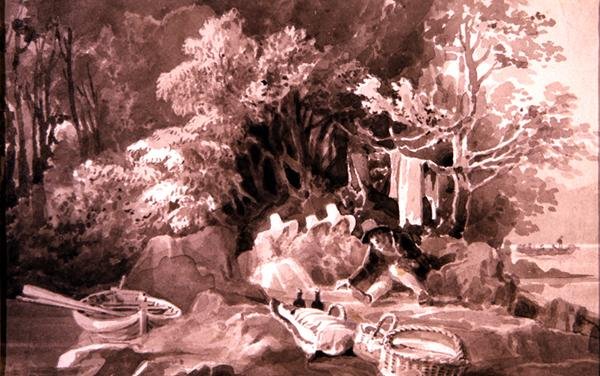 Picknick på Lake Windermere (bläck på papper) av John Harden