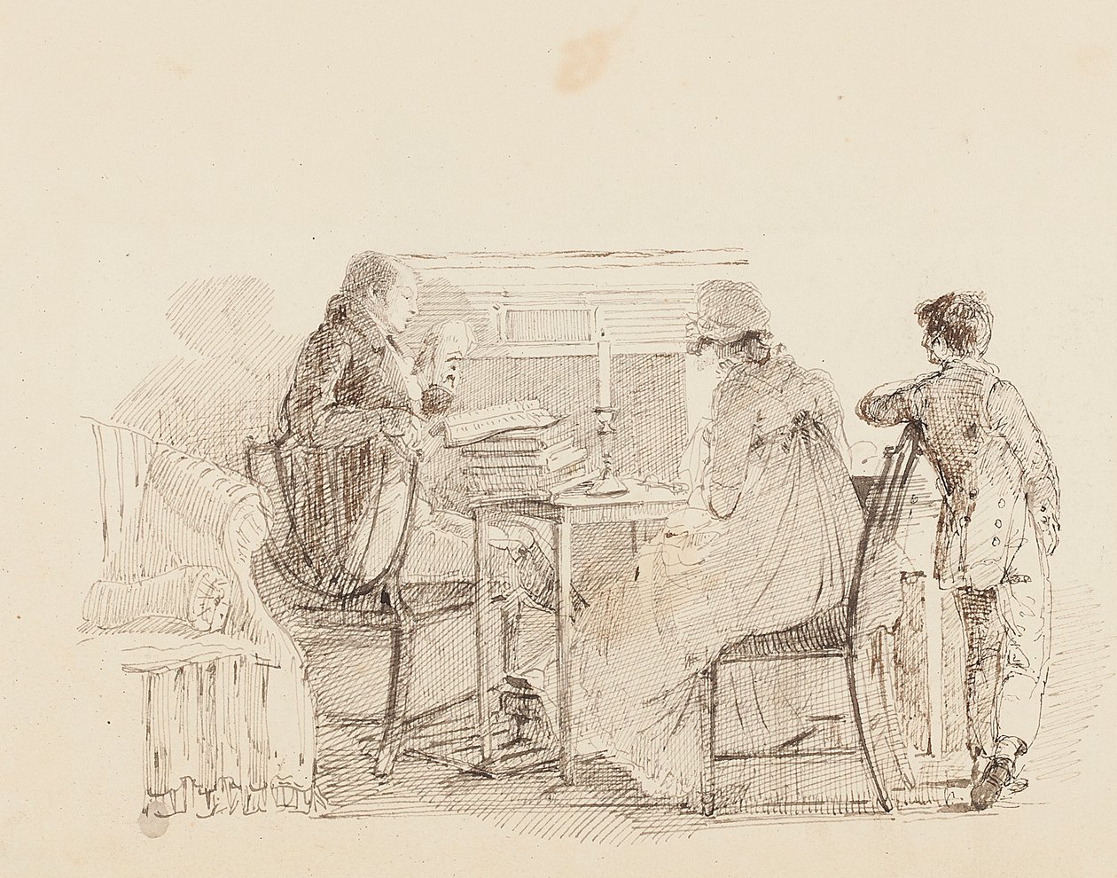 Tre vid den öppna spisen, 1805 av John Harden