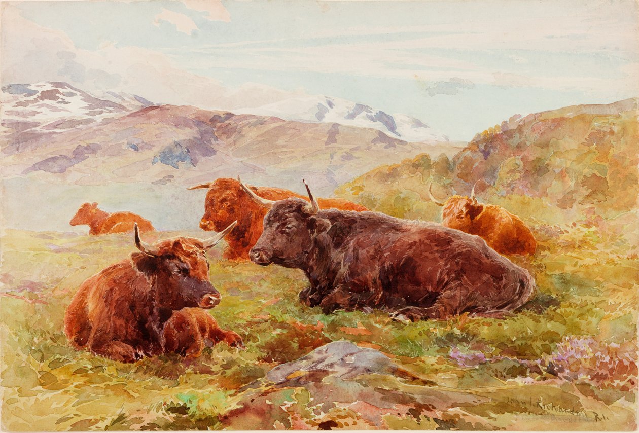 Höglandslandskap med boskap av John Isaac Richardson