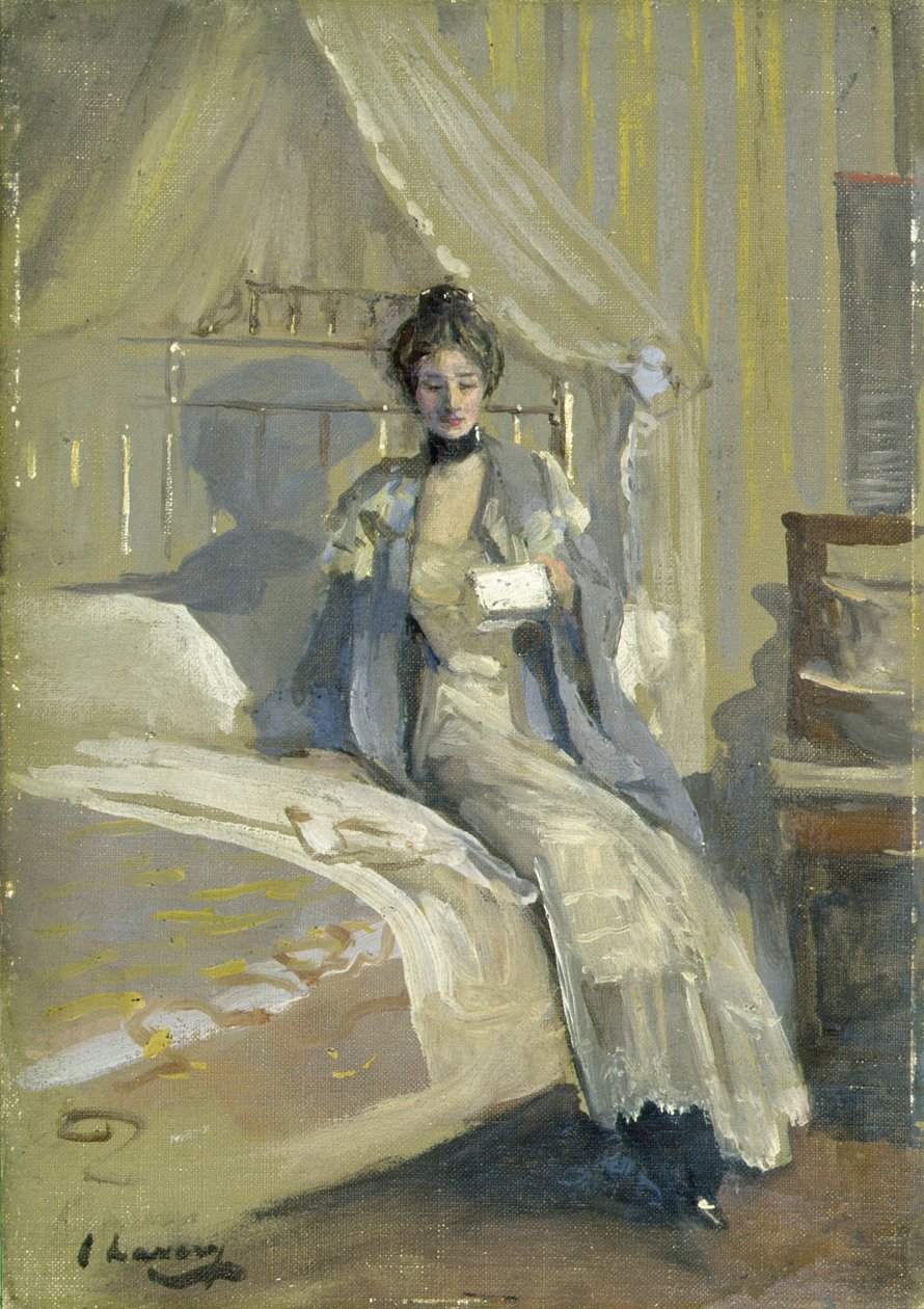 The Letter (olja på mönstrad kartong) av John Lavery
