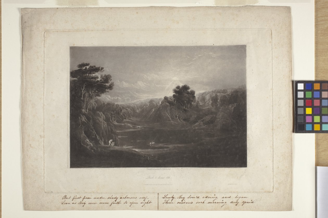 Paradiset--Adam och Eva--Morgonhymnen (mezzotint) av John Marin