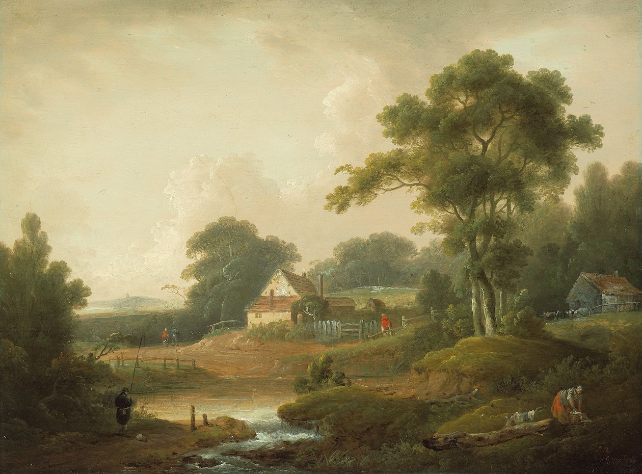 Landskap med fiskare och tvättkvinna av John Rathbone