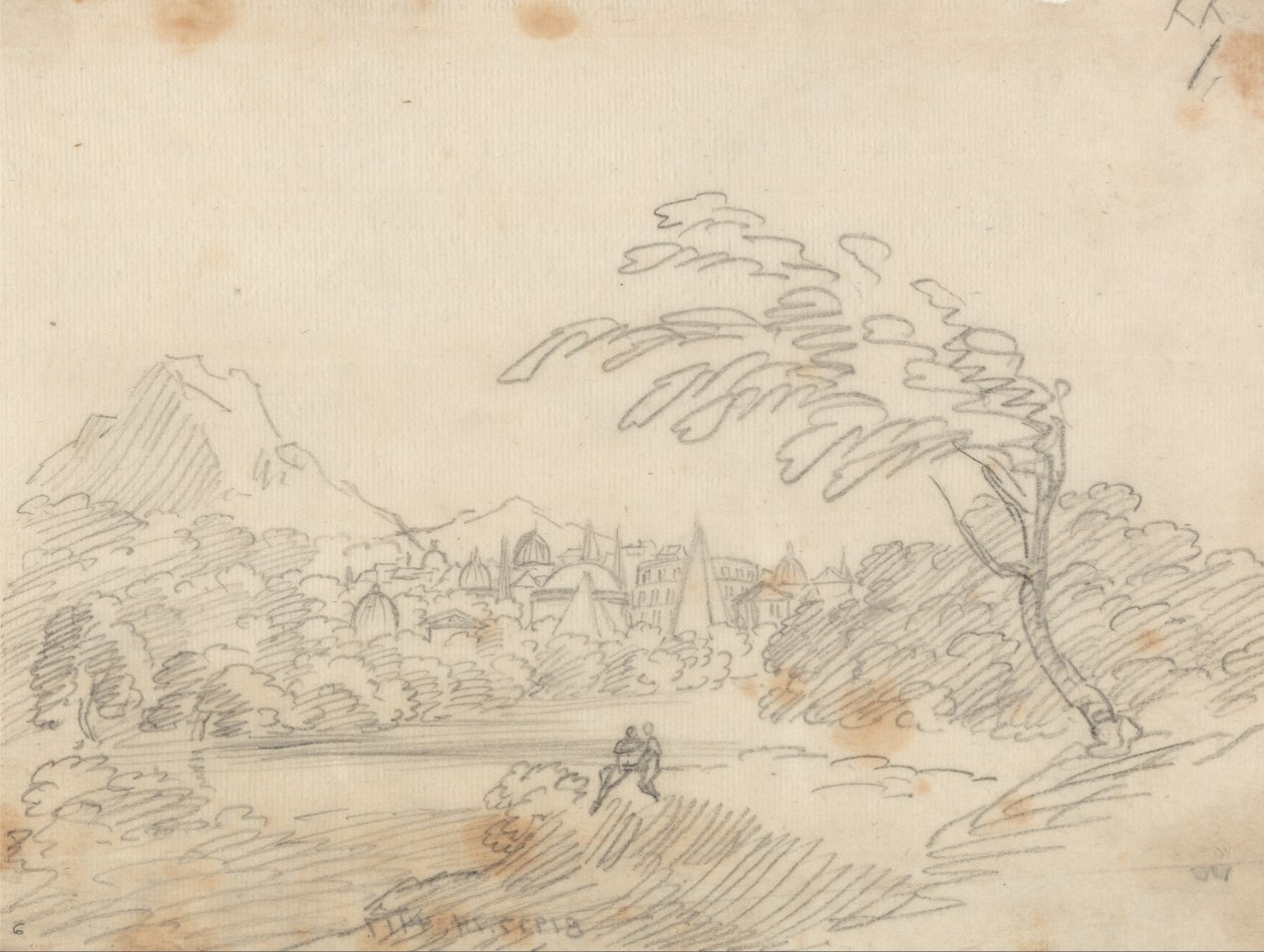 Fjärran vy av en imaginär stad av John Robert Cozens