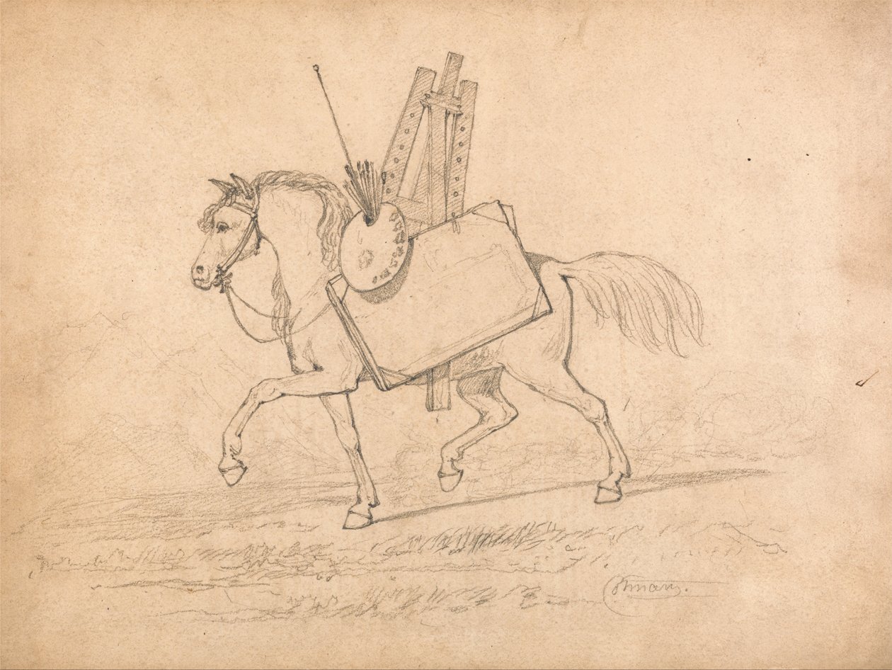 Häst fullastad med konstnärsattiraljer av John Sell Cotman
