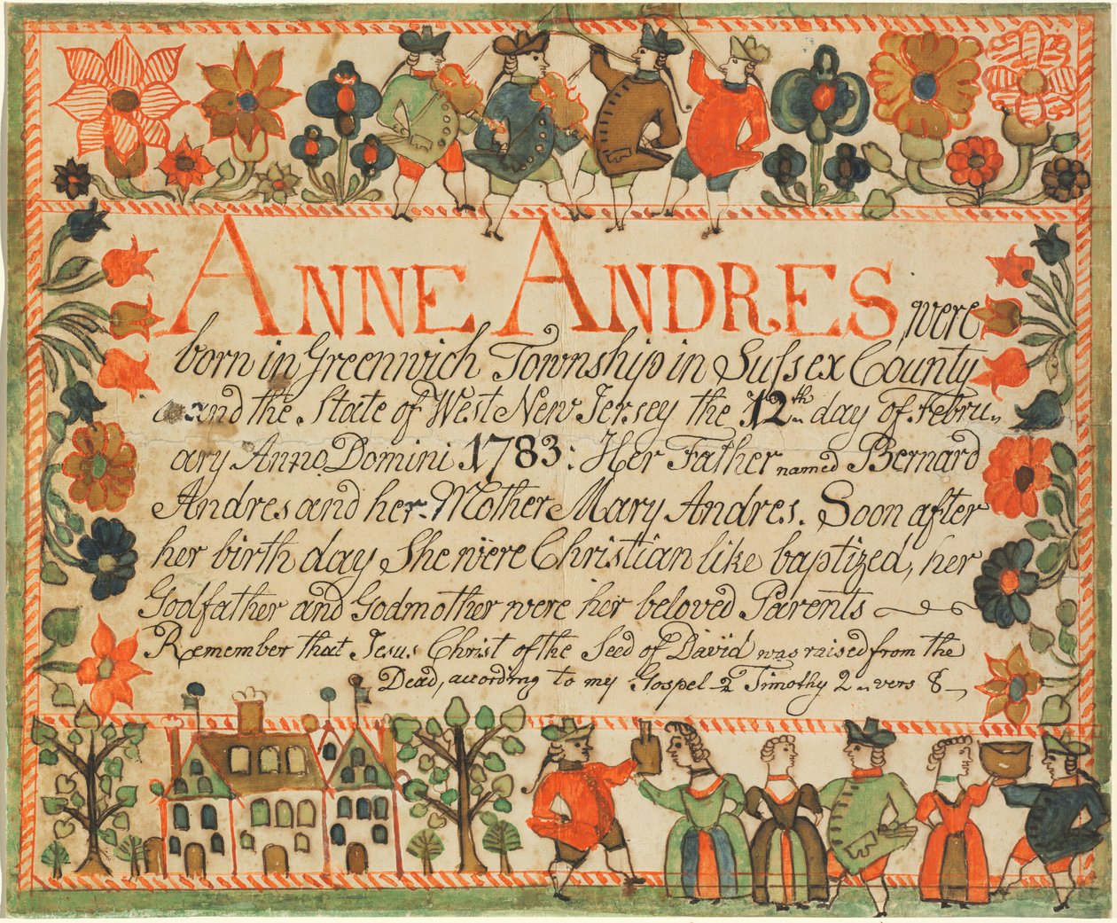 Anne Andres födelse- och dopbevis av John Spangenberg