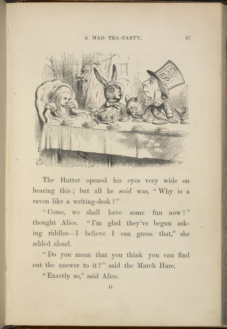 Alice på den galna hattmakarens tebjudning. av John Tenniel