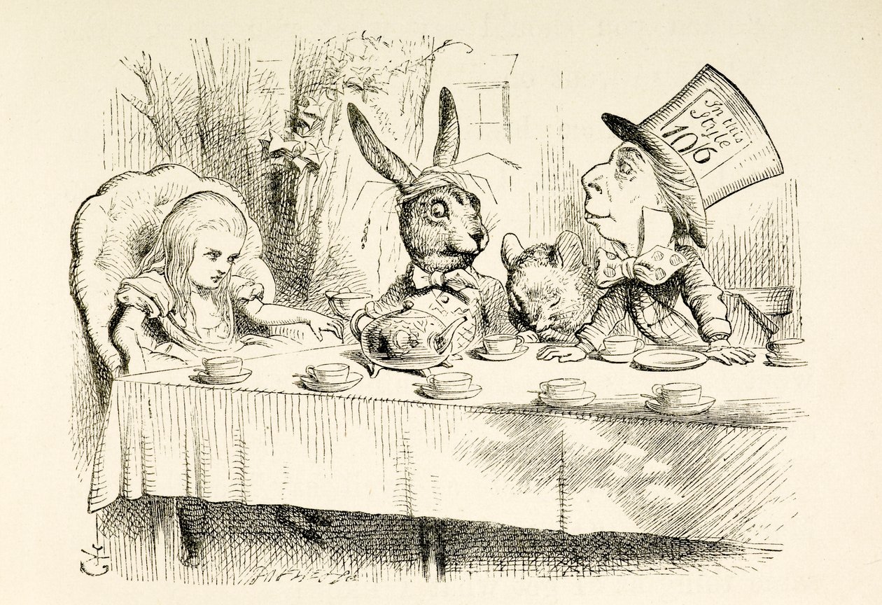 Alice på den galna hattmakarens tebjudning. av John Tenniel