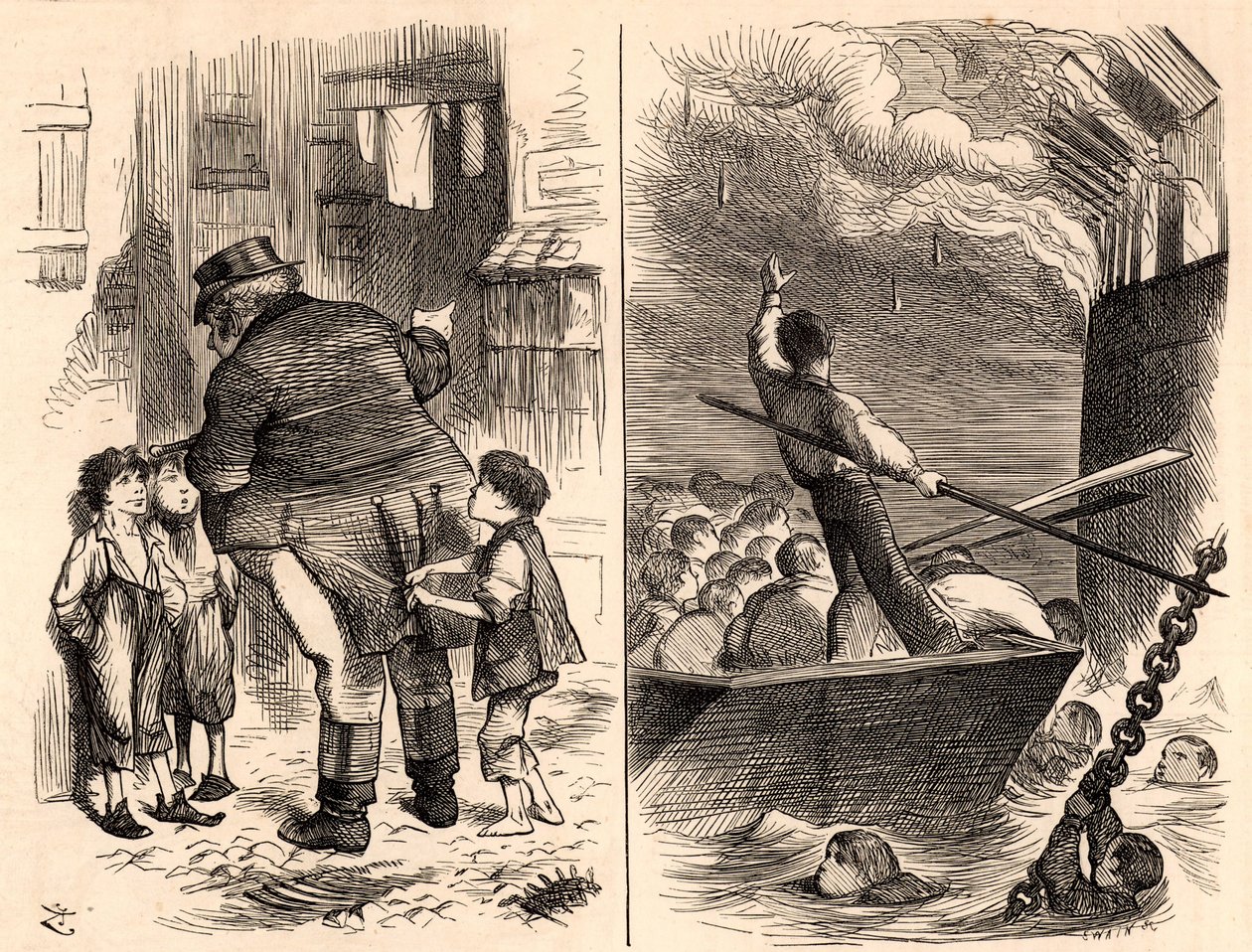 Bränning av Royal Navy utbildningsfartyg "Goliath" av John Tenniel